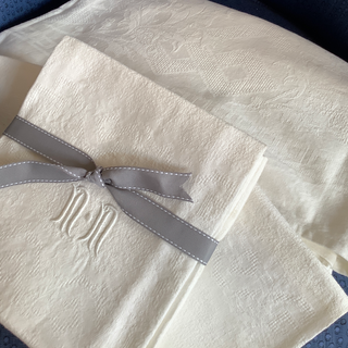Vintage French White Cotton Damask Tablecloth & Napkins