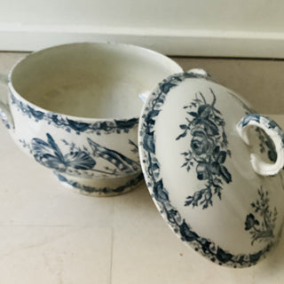 Vintage French Transferware Papillon Blue & Cream Tureen