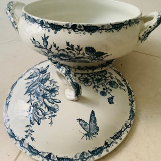 Vintage French Transferware Papillon Covered Serving Bowl