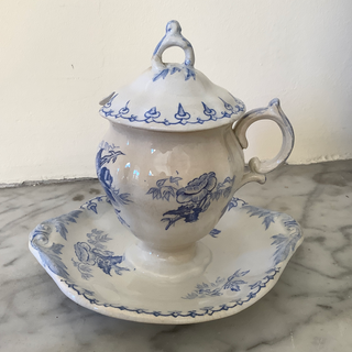 Vintage French Blue & White Mustard Server