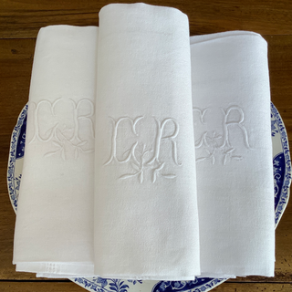 Vintage French White Linen Damask Monogrammed Napkins