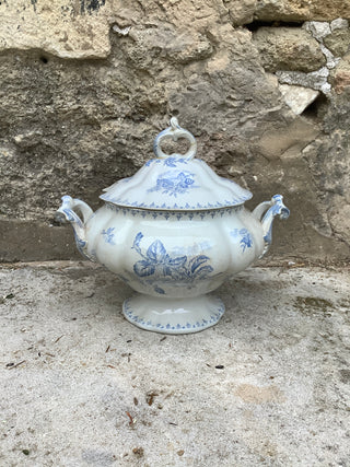 Vintage French Transferware Flore Blue & Cream Tureen