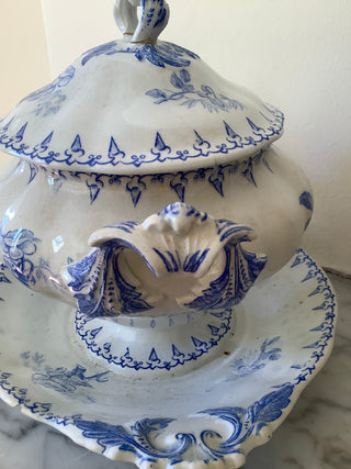 Vintage French Transferware Flore Covered Sauce Server with Silver Serving Spoon