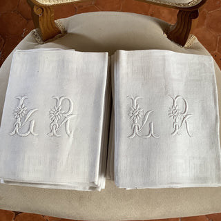 Vintage French Monogrammed Damask Linen Napkins