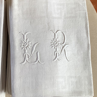Vintage French Monogrammed Damask Linen Napkins
