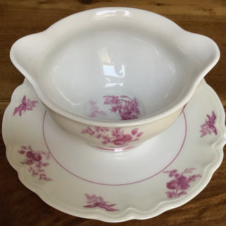 Vintage French Small Limoges Floral Rose Sauce Server with Silver Serving Spoon
