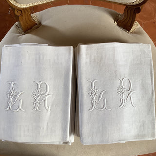Vintage French Monogrammed Damask Linen Napkins