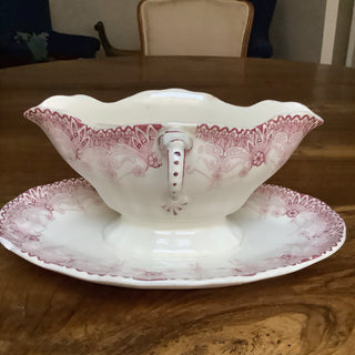 Vintage French Boulenger Red Floral Large Sauce Server with Silver Serving Spoon