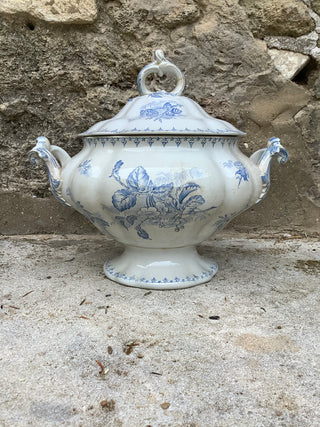 Vintage French Transferware Flore Blue & Cream Tureen