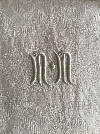 Vintage French White Cotton Damask Tablecloth & Napkins