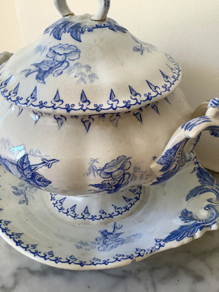 Vintage French Transferware Flore Covered Sauce Server with Silver Serving Spoon