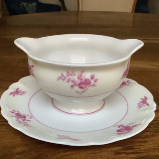 Vintage French Small Limoges Floral Rose Sauce Server with Silver Serving Spoon