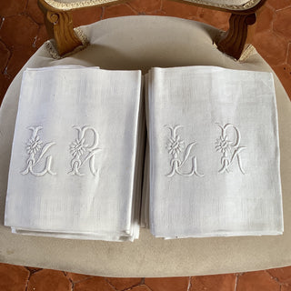 Vintage French Monogrammed Damask Linen Napkins