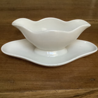 Vintage French Bistro Whiteware Petite Scallop Edge Sauce Server with Silver Serving Spoon