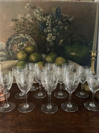 Vintage French  Embossed Floral Wine Glasses Set of 12