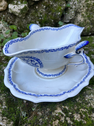 Vintage French Large Blue & White Gien Sauce Server with Silver Serving Spoon