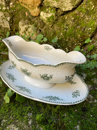 Vintage French Large Green & Cream Sauce Server with Silver Serving Spoon