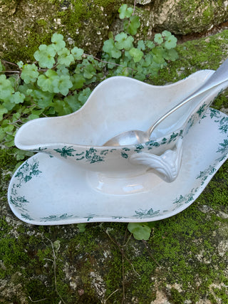 Vintage French Blue Green Sauce Server with Silver Serving Spoon