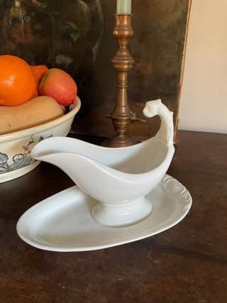 Vintage French Bistro Whiteware Sauce Server with Attached Sauce