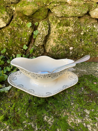 Vintage French Large Scalloped Edge Sauce Server with Serving Spo