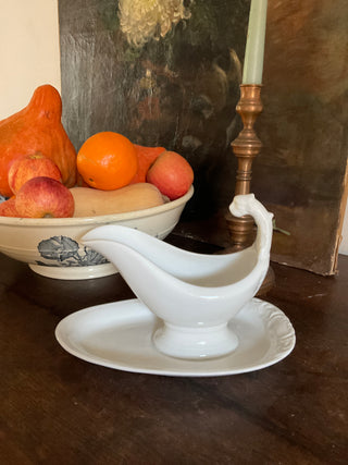 Vintage French Bistro Whiteware Sauce Server with Attached Sauce