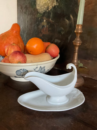 Vintage French Bistro Whiteware Small Sauce Server with Attached Saucer