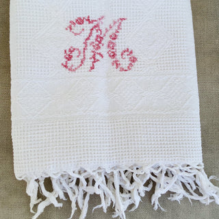 Vintage French Cotton of Large Waffle Hand Towels Monogram(M) Media 1 of 1