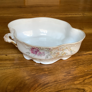 Vintage French Floral Porcelain Serving Bowl with Handles