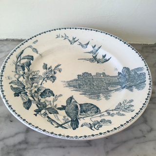 Vintage French Transferware Blue Green Footed Serving Plate