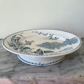 Vintage French Transferware Blue Green Footed Serving Plate